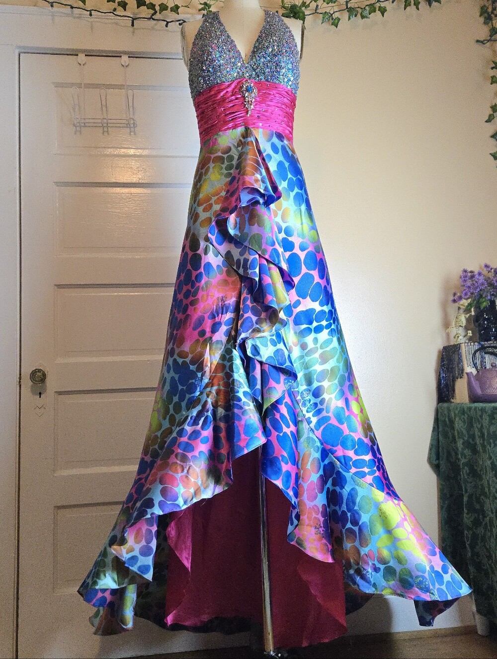 Jovani Multicolor/Pink Sequin Colorful Halter V-Neck Long Gown Dress